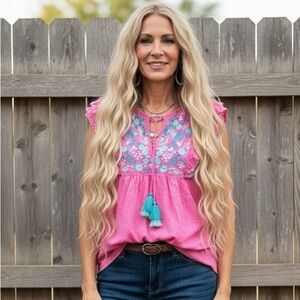 Crown & Ivy L pink floral embroidered boho peasant tassel linen ruffle blouse